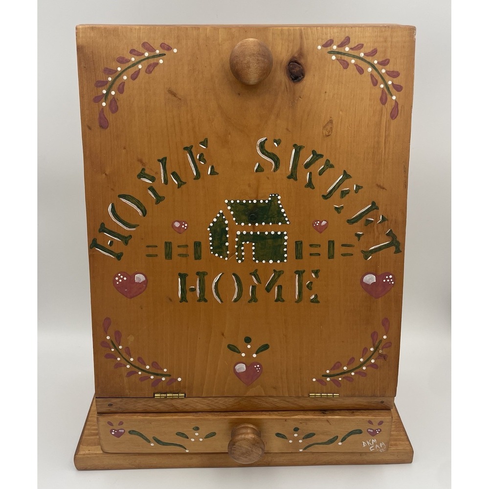 VTG Hand painted Wooden Tabletop Storage Cabinet W Slots & Drawer Home Sweet Hom
